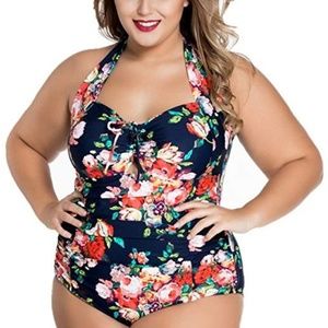 Womens Halter One Piece Swimsuit Plus Size Floral